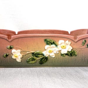 MCM Roseville Pottery White Rose Window Box: Green Brown Americauna, 1940s Vintage Collectible