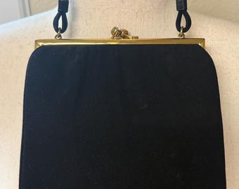 Vintage Coblentz Little Black Purse: 1950s Brass Kiss-Snap, Rhinestone Closure