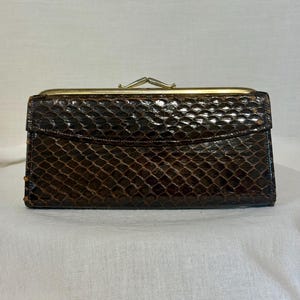 Cartera de mano Baronet COBRA de piel y piel de vaca, estilo vintage de mediados de siglo, con cierre de beso y compartimentos múltiples, única y rara