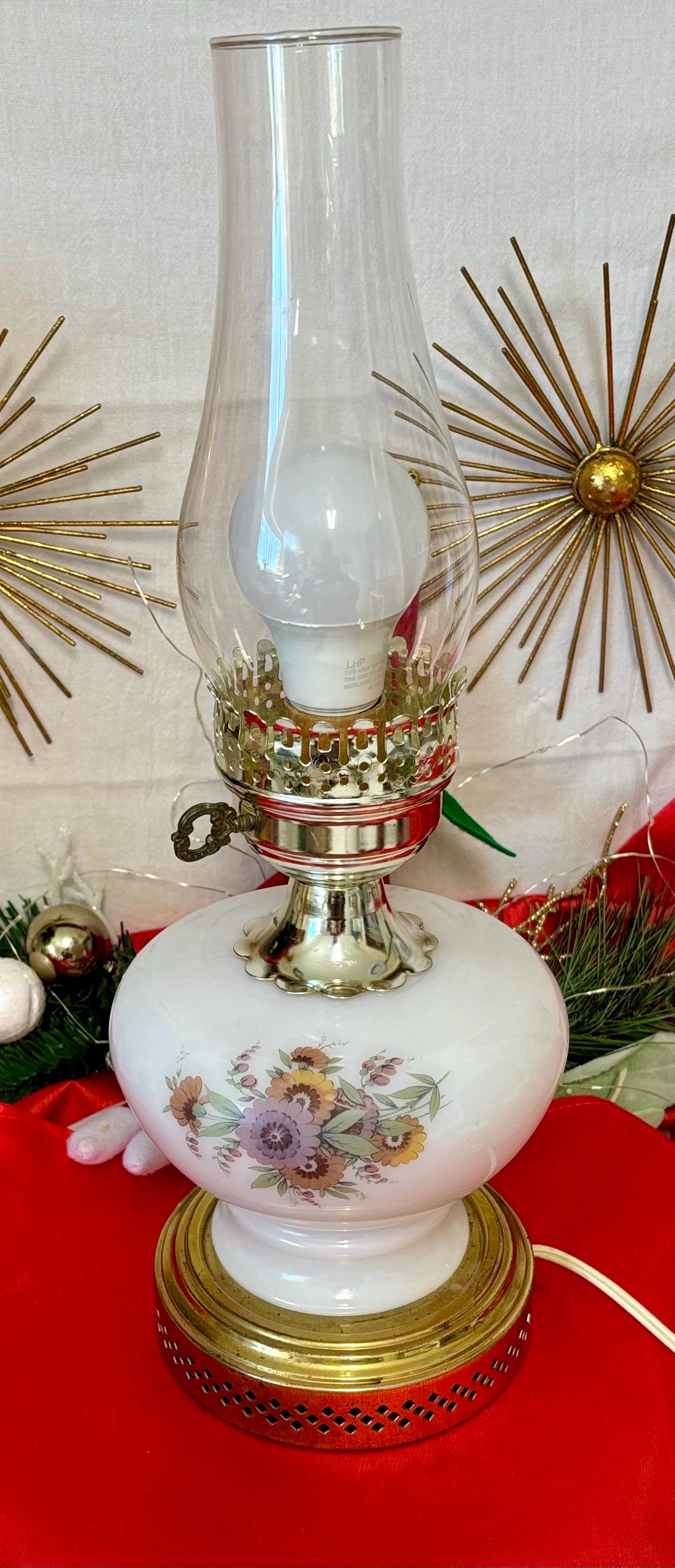 Vintage Milk Glass Hurricane Lamp: Floral MCM Parlor Table Lamp - Etsy