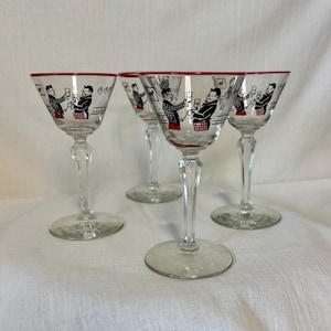 MCM Pickwick by Libbey 1947 Set Of Four Cocktail Martini Glasses Retro Equestrian Theme Stemware Barware