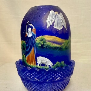 Vintage Fenton Birth Of A Savior “The Announcement” Limited Edition Hand Painted Fairy Light Lamp Signed Colbalt Satin Glass MCM Collectible