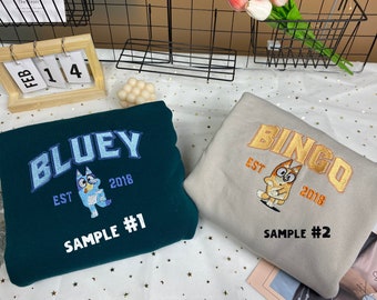 Bluey and Bingo Embroidered Crewneck, Bluey Embroidered Sweatshirt, Vintage shirt, y2k embroidery Hoodie