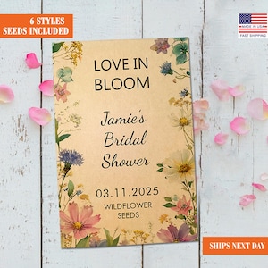 25 BULK Custom Bridal Shower Favors, Love in Bloom Wildflower Seed Packets, Personalized Floral Favor Envelopes, Wedding Shower Party Gifts