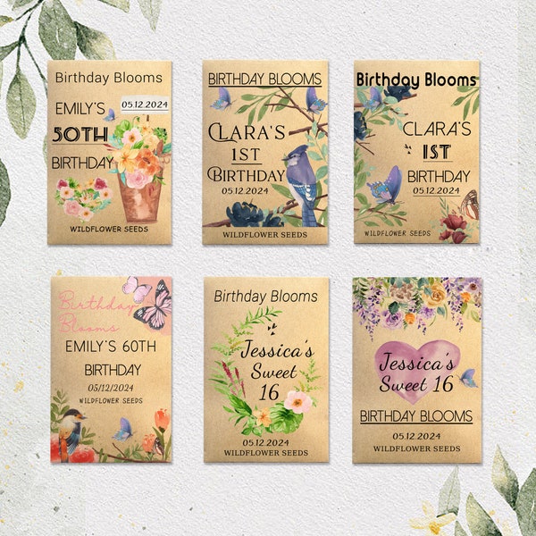 Personalized Wildflower Seed Packet with Seeds Included, Birthday Party Favors, 1st Birthday Gift, Sweet 16, 40th 50th 60th Birthday