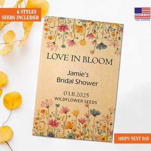 RUSH Love in Bloom Bridal Shower Wildflower Seed Packets, Custom Favors for Guests, Personalized Flower Seed Envelopes, Wedding Shower Gifts