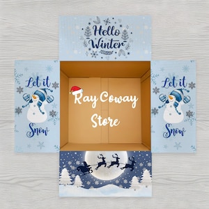 Könnte beinhalten: Ein offener Pappkarton mit winterlichen Illustrationen. Die Box zeigt einen Schneemann, Schneeflocken und die Texte "Let it Snow" und "Hello Winter". Im Inneren der Box steht der Text "Ray Coway Store".