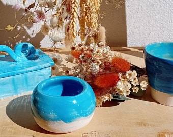 Ensemble céramique bleu, boite à bijoux et petits contenants