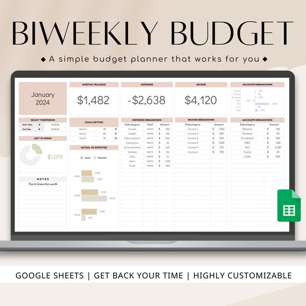 Biweekly Budget Spreadsheet, Simple Biweekly Budget, Biweekly Paycheck Planner, Google Sheets Biweekly Budget, Paycheck Tracker Spreadsheet