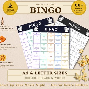 May include: A set of three bingo cards with a ghost graphic, popcorn, and text that reads "Movie Night Bingo." The cards are in color and black and white, with the text "A4 & Letter Sizes" and "Horror Genre Edition."