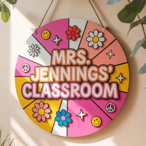Personalized Teacher Retro Wooden Door Sign, Custom 3D Teacher Door Hanger, Teacher Welcome Gift, Custom Groovy Door Hanger, Teacher Gift