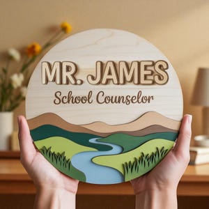 Personalized School Counselor Door Sign: Mountain Floral Wood Decor