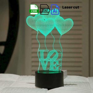 3D liefdeshart illusie led acryllamp vector- en lasersnijden | Direct downloaden, Love LED-lamp illusie acryllamp