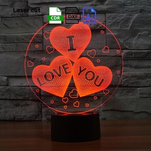 3D I Love You Coração Ilusão LED Lâmpada Acrílica Vetor e Corte a Laser | Download Instantâneo, Lâmpada LED Amor Ilusão Lâmpada Acrílica