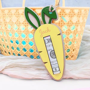 Personalized Easter Carrot Basket Tag: Wooden Bunny Money Holder