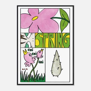 Peut inclure: Une affiche encadrée sur le thème printanier. L'œuvre présente une fleur rose, le mot "SPRING" en jaune, et des illustrations d'oiseaux et d'une plante épineuse. Le style rappelle un dessin animé.