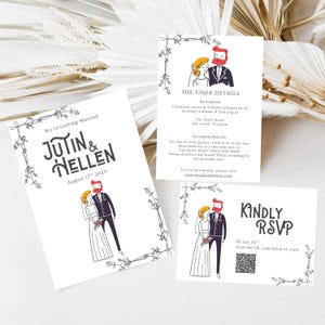 Plantilla de invitación de boda editable para descarga digital / Diseño moderno de pareja ilustrada / Invitación imprimible de novios de dibujos animados