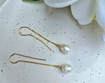 14k Gold Filled Pearl Threader Earrings. Bridesmaids/Bride earrings