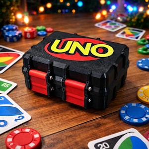 Puede incluir: Una caja de juego UNO negra y roja con la palabra "UNO" en letras amarillas sobre un círculo rojo. Cartas de juego y fichas de póquer están esparcidas alrededor de la caja sobre una superficie de madera. La caja tiene un pestillo rojo.