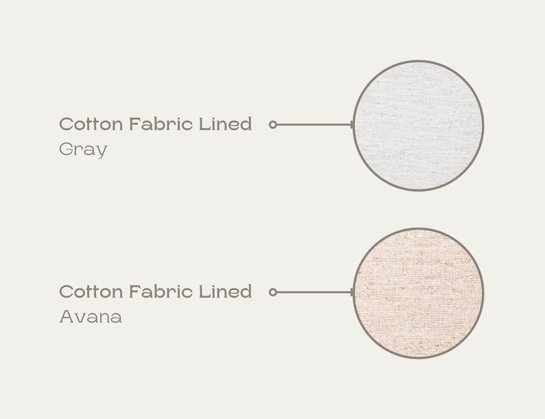May include: Two fabric swatches, one gray and one beige, with the text "Cotton Fabric Lined" and the color name below each swatch.