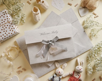 Gray Cotton Gift Bag – Welcome Baby, Baby Shower Favor (11.02" x 7.87" x 3.93")