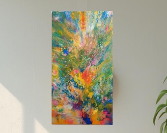 Fluid acrylic painting, pouring on wood 40x22 cm. Colorful wall art to brighten up a room, abstract wall decoration. Handmade