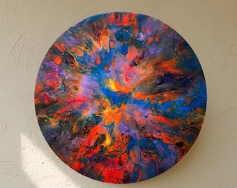 Fluid acrylic pouring painting. 40cm round painting on wood, abstract wall art, interior wall decoration for living room, bedroom. Gift