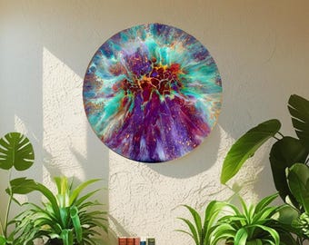 Fluid acrylic pouring paint. Colorful homemade art. Round wall art, modern wall decor, abstract home decor.