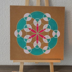 Tableau peinture acrylique géométrie sacrée. Graine de Vie sur carton kraft. Décoration d'intérieur, art mural chambre Cadeaux Pièce unique.
