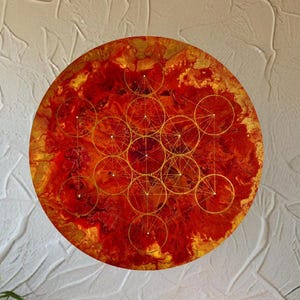 Metatron's Cube acrylic painting in red and gold. Round abstract wall art. Interior wall decoration. Rare, unique, handmade piece.