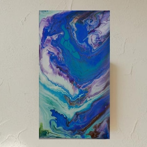 Pintura Ciclón, Acrílico Fluido Vertido, 21 x 38 cm. Arte mural en tonos azules, decoración para colgar. Pieza única y rara, hecha a mano.