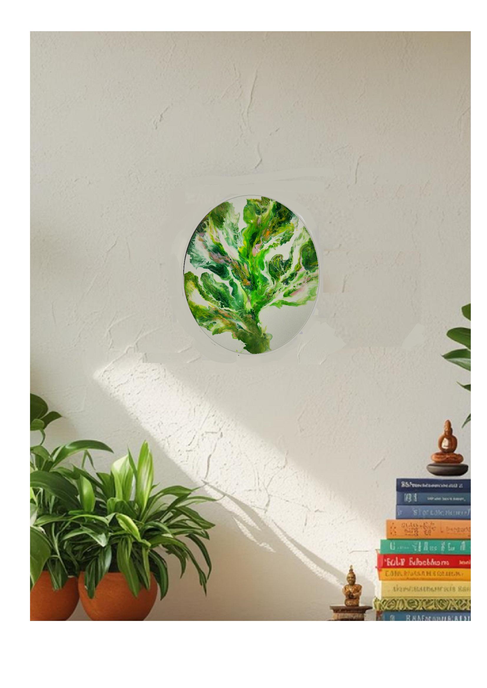 Oval painting 35x30cm, acrylic pouring paint. Plant painting for living room, bedroom. Wall decoration, abstract wall art. Handmade