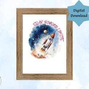 Puede incluir: Una ilustración de acuarela de un cohete que se eleva por el espacio con el texto "SOAR BEYOND LIMITS" en rojo. El cohete está rodeado de estrellas y planetas, y el fondo es una lavada de acuarela azul.