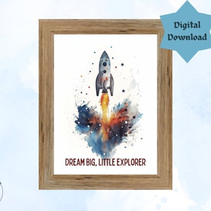 Space Rocket Explorer imprimible arte de pared AZUL - Impresión de acuarela de dibujos animados para guardería, dormitorios, rincón de lectura, pared de la galería