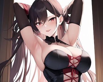 May include: A woman with long black hair is wearing a black corset with red lace detailing and black stockings. She is posing with her arms raised above her head.