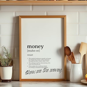 Poster stampabile con la definizione di denaro: stampa divertente di denaro, arte murale umoristica, arte tipografica minimalista,