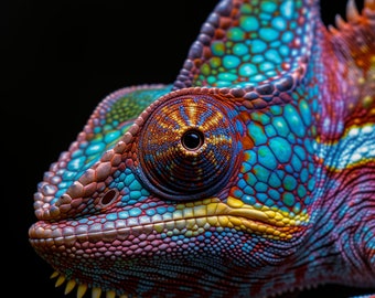 Colourful Chameleon Macro Shot - Detailed Reptilian Digital Print, Eye-Catching Home Decor, Great Birthday Gift Idea