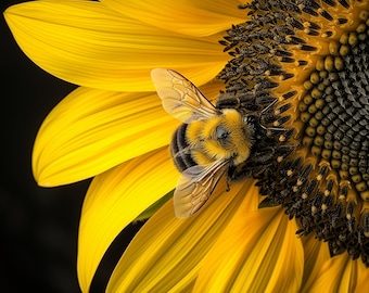 Sunflower & Bee Macro Print - Stunning Floral and Wildlife Art - Ideal for Home Beautification - Thoughtful Gardener&#39;s Gift