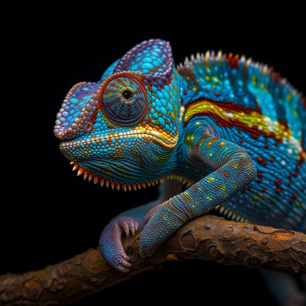 Colourful Chameleon Digital Print - Detailed Reptilian Digital Print, Eye-Catching Home Decor, Great Birthday Gift Idea