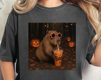 Comfort Colors® Halloween Capybara Shirt, Funny Capybara Boo Drink Tee, Spooky Season Animal Shirt, Fall Halloween Gift For Capybara Lovers