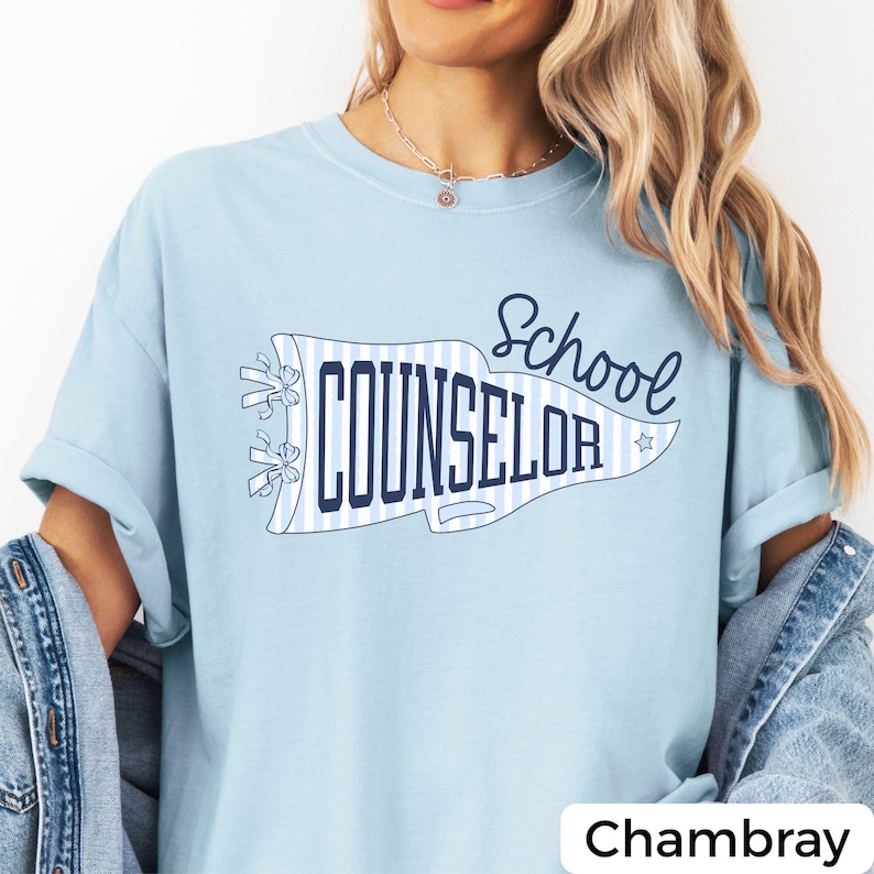 school counselor shirt featuring a retro striped pennant graphic with counselor lettering, designed for guidance counselors, school psychologists, and student support professionals.