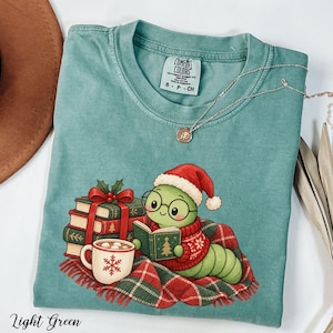 Christmas Bookworm Shirt, Comfort Colors Book Worm Shirt, Cute Reading Worm Tee, Book Lover Gift, Librarian Shirt, Reading Teacher Tee