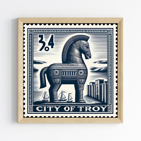 Epic of Antiquity: Vintage Trojan Horse Stamp Illustration