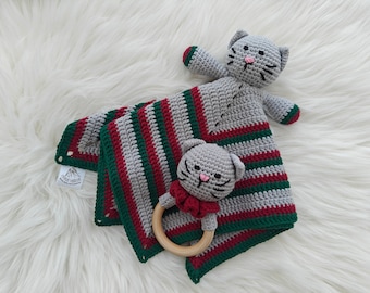 Conjunto de gatos de ganchillo hecho a mano, lindo gato adorable, sonajero de gato gris, regalo para bebé, gatito suave, manta de seguridad para gatos dulce y suave, juguetes suaves para niños pequeños