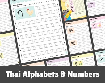 May include: A set of 49 printable worksheets for learning the Thai alphabet and numbers. The worksheets feature a variety of colorful illustrations and practice tracing activities.