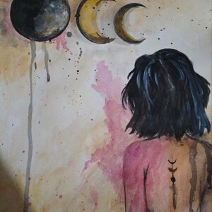 May include: Watercolor painting of a person with short dark hair, wearing a pink dress, standing in front of a light brown background with a black circle and two yellow crescent moons painted above them.