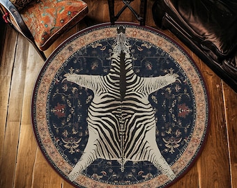 May include: A round rug with a black and white zebra print design. The rug has a dark blue background with a red and cream border.