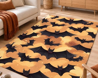 Halloween Bat Rug, Spooky Black Bats Area Rug, Orange Gothic Carpet, Flying Bat Halloween Decor, Fall Rug, Spooky Season Rug