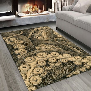 K&ouml;nnte beinhalten: Ein beige-schwarzer Teppich mit einem Oktopus-Design. Der Oktopus ist im Vintage-Stil mit detaillierten Tentakeln und Saugn&auml;pfen gezeichnet.