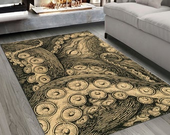 May include: A beige and black area rug with an octopus design. The octopus is drawn in a vintage style with detailed tentacles and suckers.